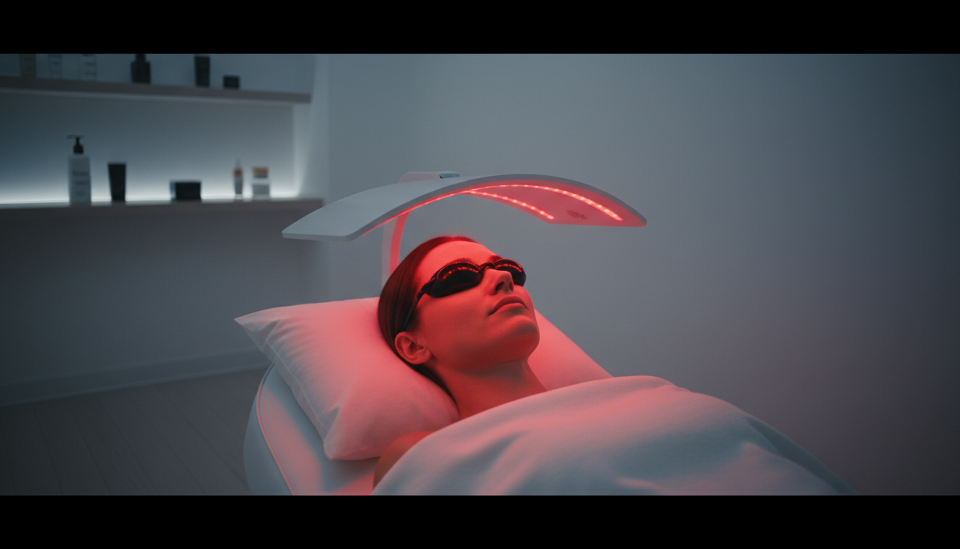 red light therapy facial — golden serum drop with warm light glow