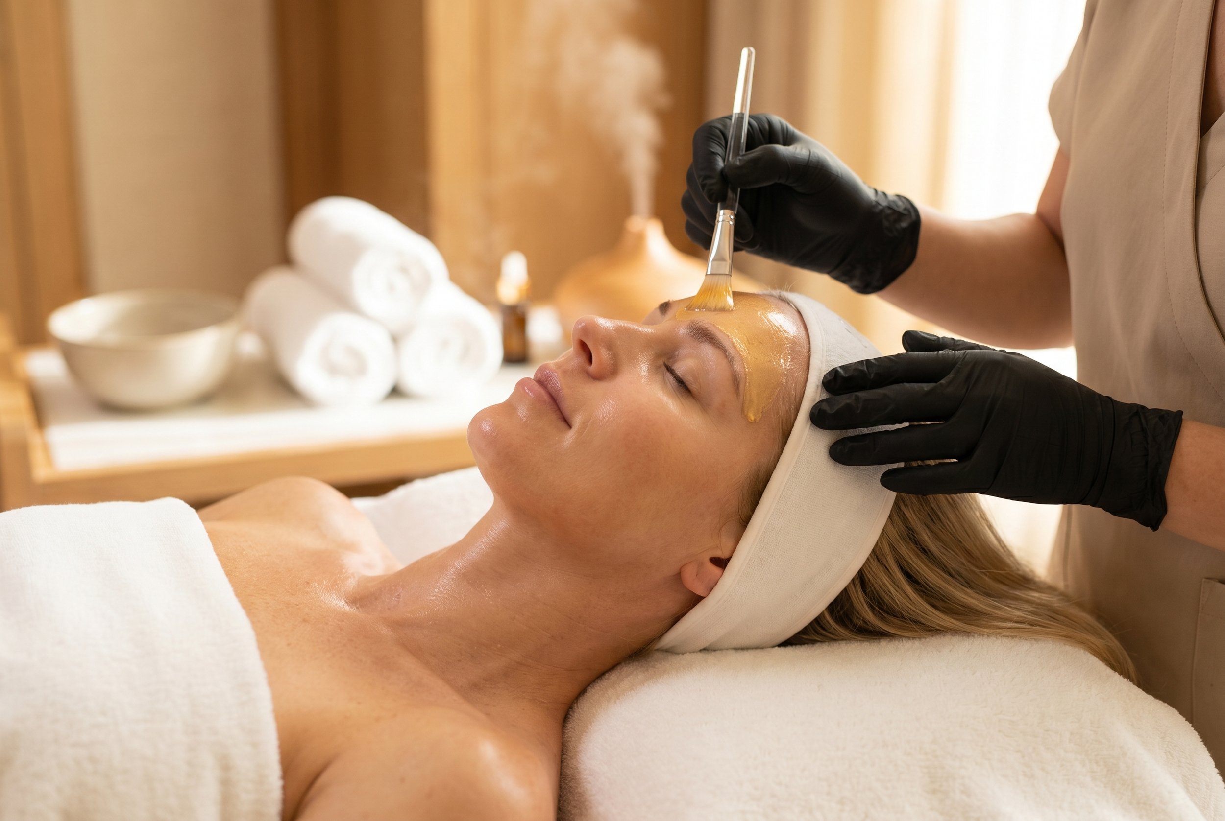 Brightening Facial at Below Zero Spa — esthetician brushing a luminous vitamin C brightening mask onto a client's forehead during a luxury brightening facial in Victor NY
